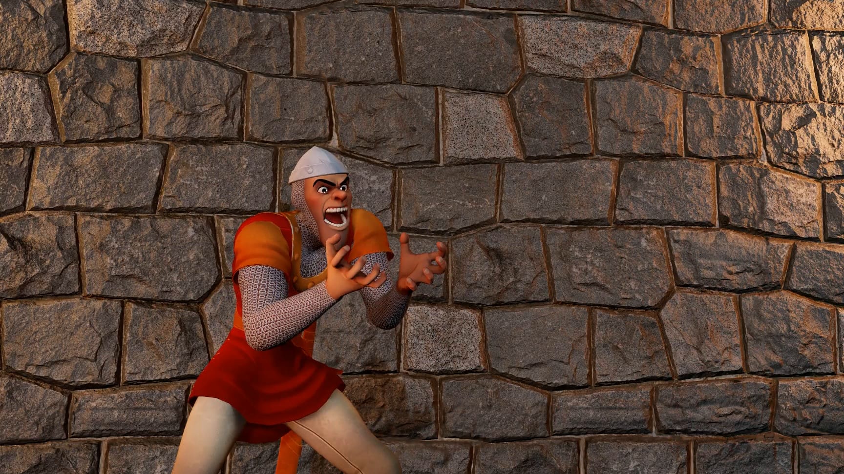 3D Animation student work from Tyson Barker showing a castle guard displaying intense emotions.  
