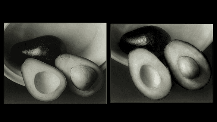 Two photos of avocados, one by Edward Steichen from 1930, and a remake by Ira Aikman from 2020.