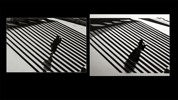 Two photographs of stairs in high contrast with a figure on them; one is the original by Alexander Rodchenko, the other a remake by Ira Aikman.