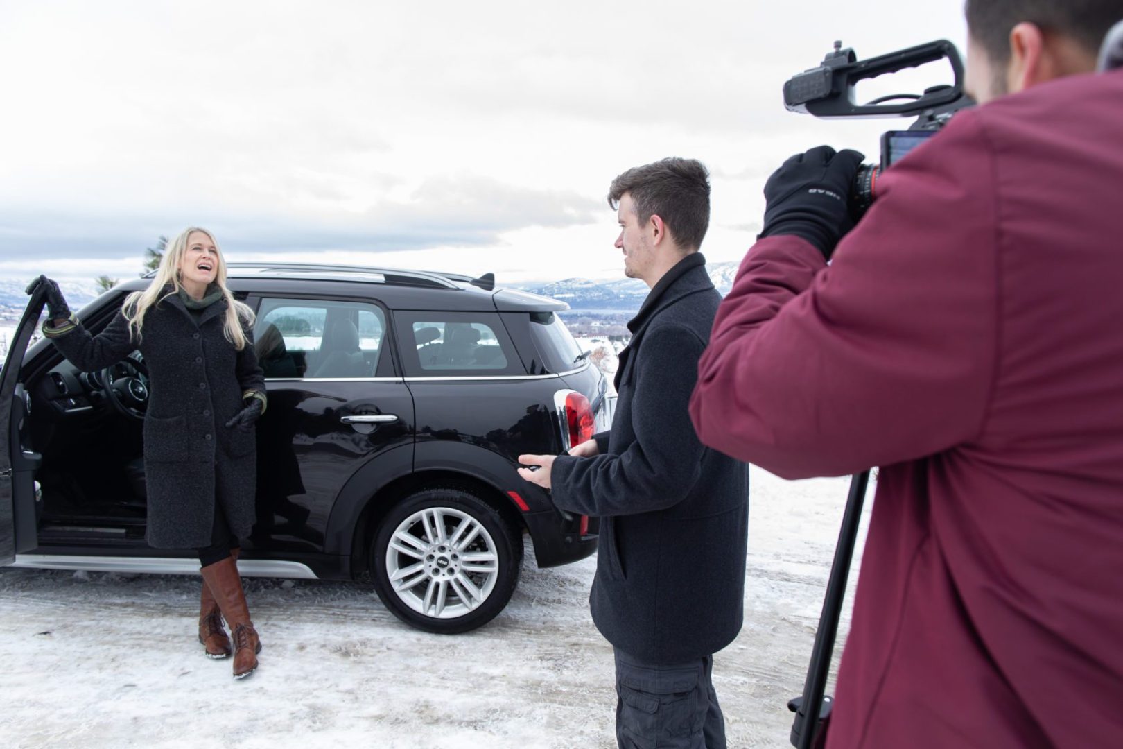 Students working with series presenter on location.